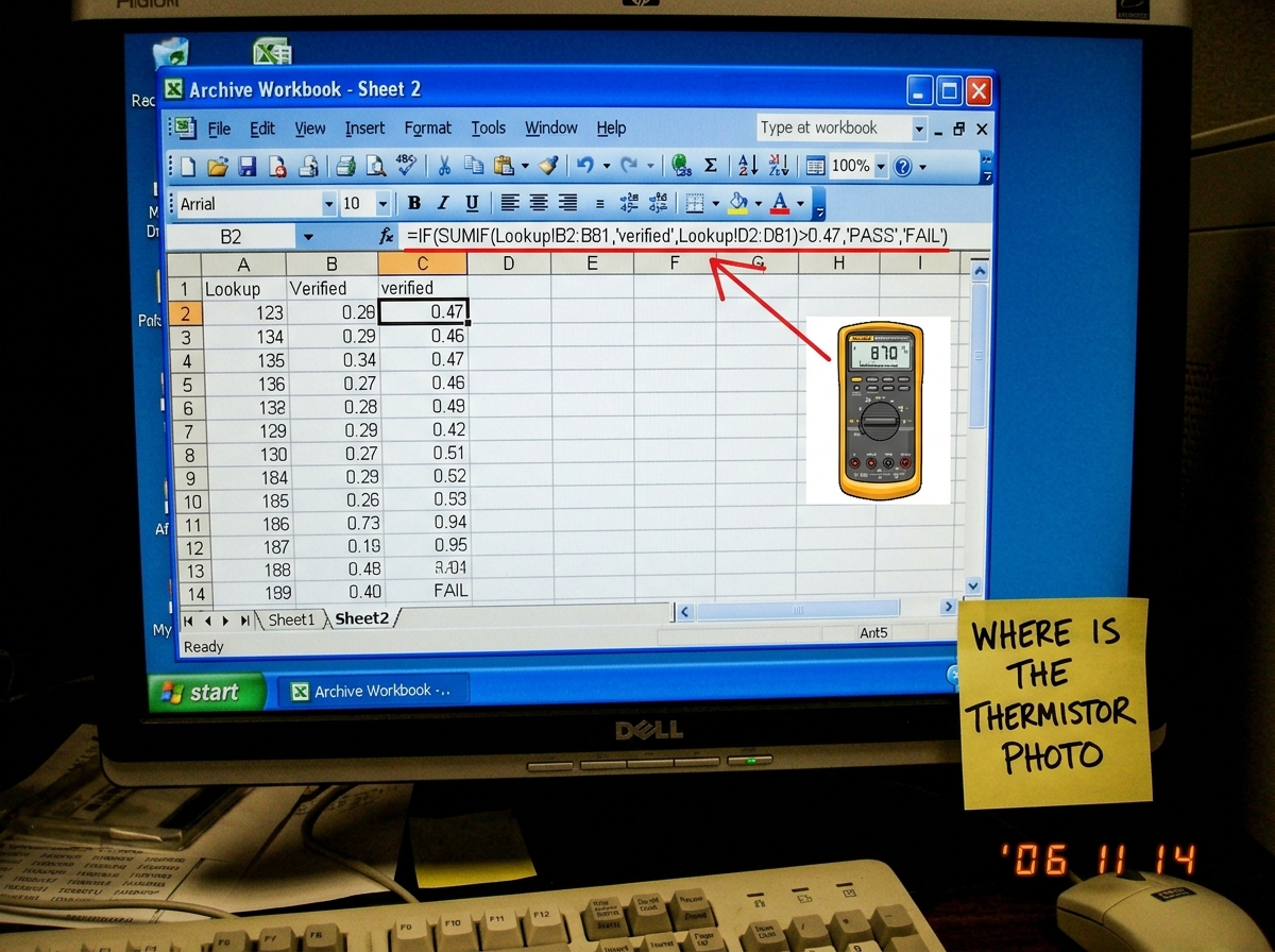 A screenshot of an Excel workbook with only Sheet1 and Sheet2 tabs visible, the same one ElderProphet07 posted before. A Fluke 87V multimeter clip-art image is pasted next to the workbook, with a red arrow drawn from the multimeter to the formula bar which shows =IF(SUMIF(Lookup!B2:B81,'verified',Lo