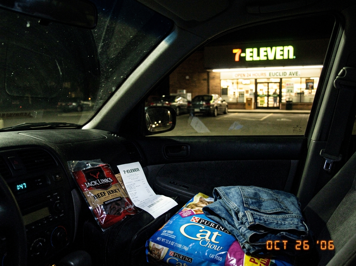 A night photo of the Euclid 7-11 parking lot taken from inside a car. The convenience store sign glows in the background. On the passenger seat sits a bag of beef jerky and a crumpled receipt. The dashboard clock reads 1:47. A pair of folded jeans rests on top of a bag of cat food.