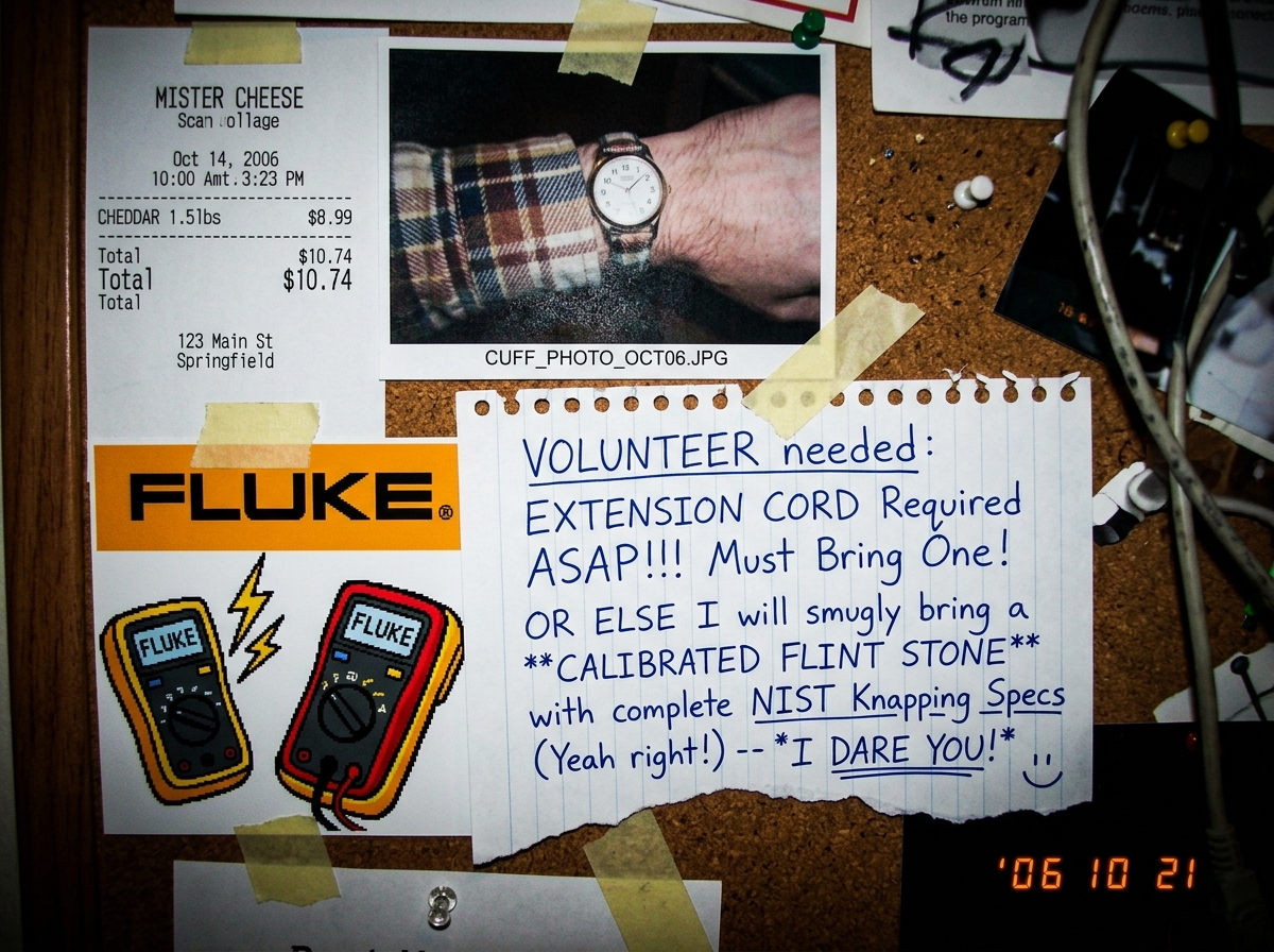 A shrine collage made from a cheese receipt, a cuff photo, and Fluke clipart, with a handwritten note demanding an extension cord volunteer and mockingly offering to bring a calibrated flint stone with NIST knapping specs instead