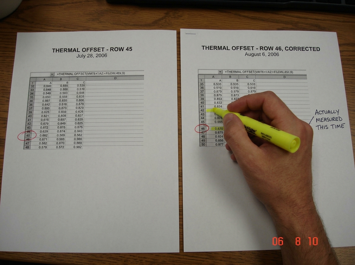 A screenshot of two side-by-side text documents. The left document is titled 'THERMAL OFFSET - ROW 45' with a date of July 28, 2006. The right document is titled 'THERMAL OFFSET - ROW 46, CORRECTED' with a date of August 6, 2006. Both documents show the same spreadsheet formula but with different ro