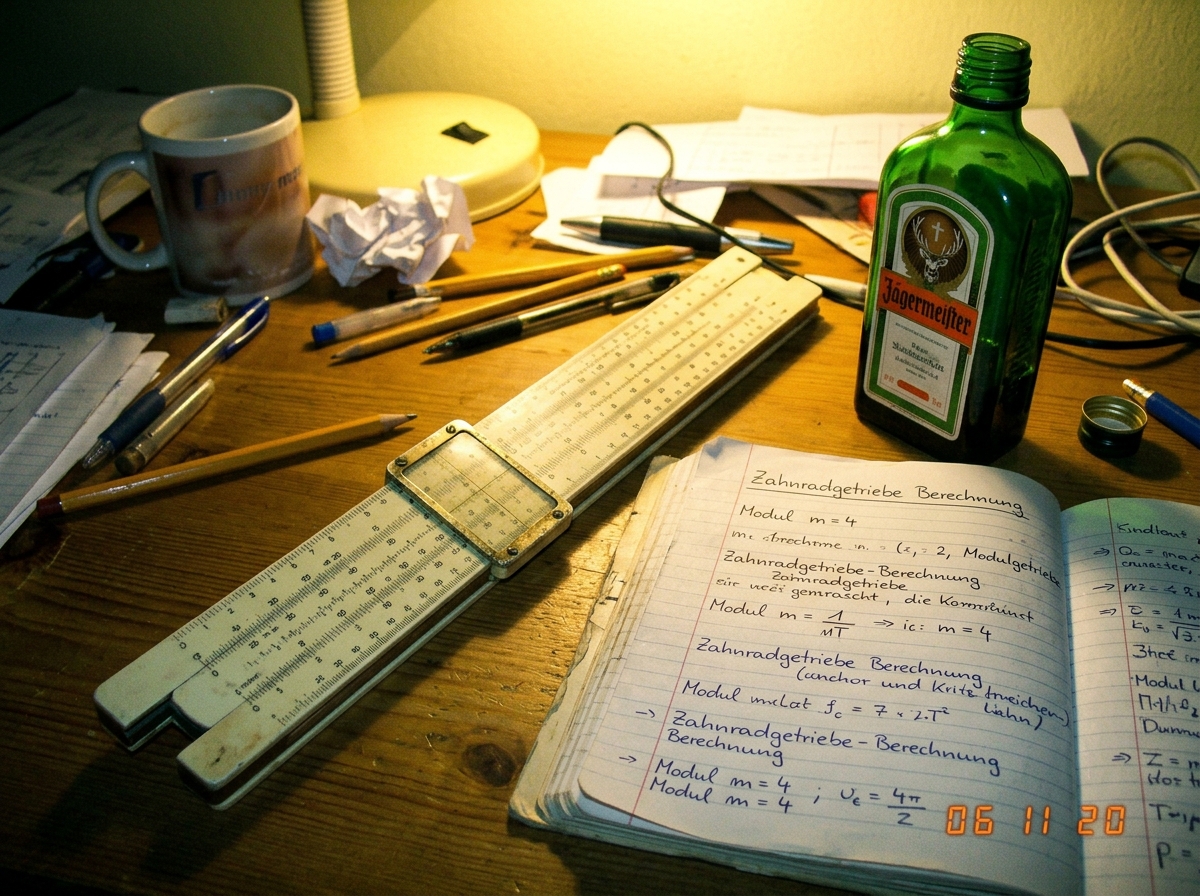 A close-up photo of a vintage mechanical engineering slide rule lying diagonally on a messy desk next to an open notebook with handwritten German script and a half-empty bottle of Jägermeister. The slide rule has logarithmic scales visible and a small brass cursor. The photo is slightly out of focus
