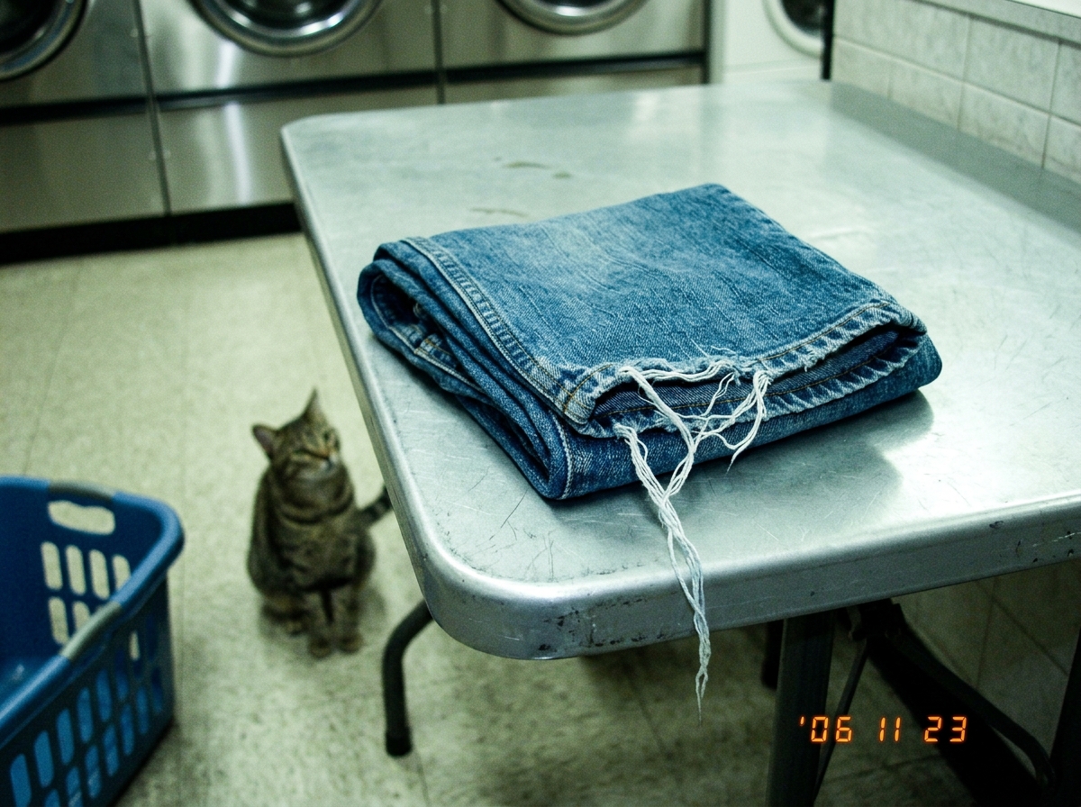 A close-up photo taken inside a laundromat at night, showing a pair of blue jeans folded neatly on a grey metal folding table. The loose threads along the cuff hem are clearly visible, catching the harsh fluorescent light. In the background, a blurry tabby cat sits on the floor watching. A laundry b