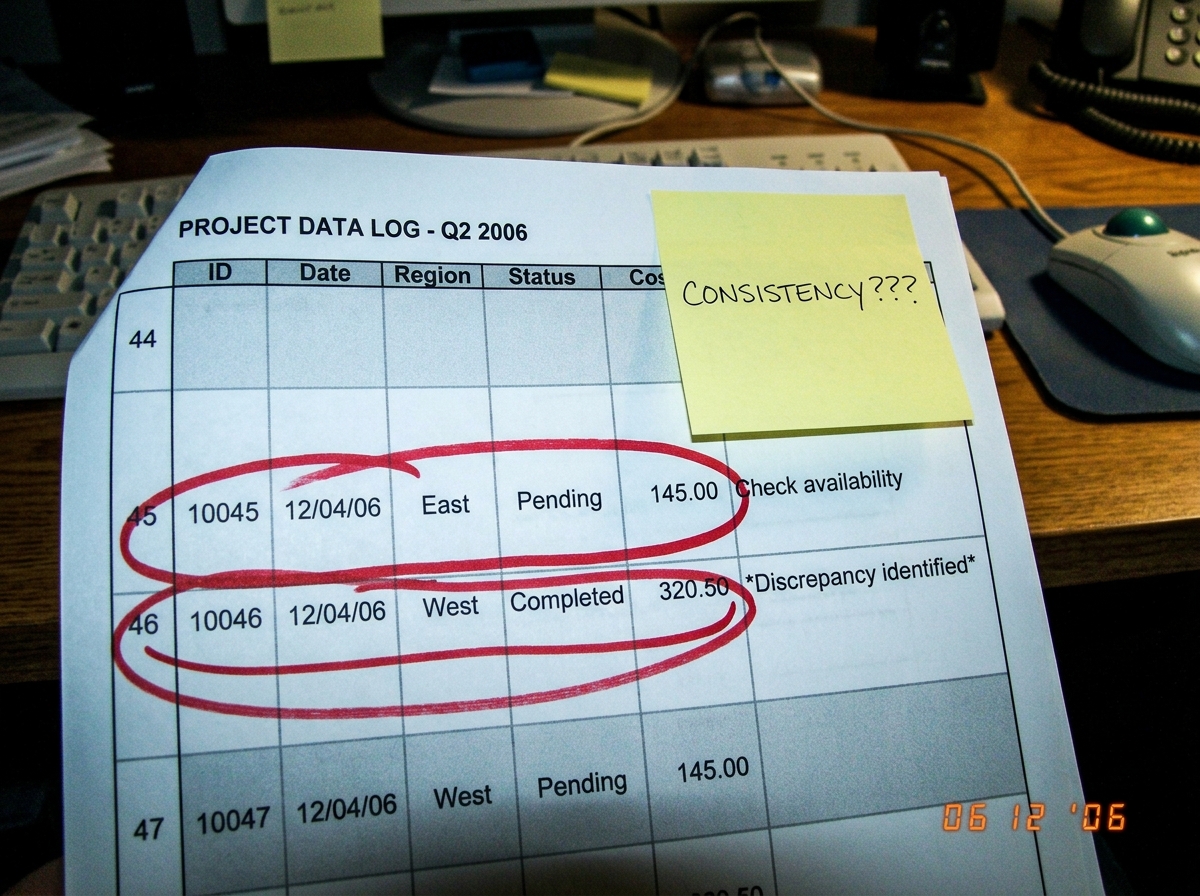 A printed spreadsheet printout with a red circle around 'Row 45' in one column and 'Row 46' in another, with a sticky note that says 'CONSISTENCY???' stuck to it