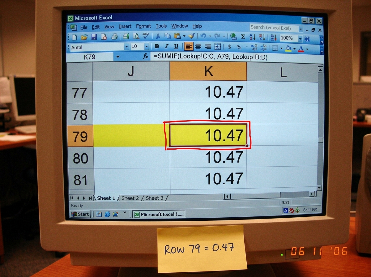 A screenshot of an Excel spreadsheet showing rows 77 through 81 of a column labeled 'K'. The cells in column K show values ending in 0.47, with row 79's cell highlighted in yellow and a red box around it. The formula bar at the top displays a SUMIF formula referencing a 'Lookup' sheet. The sheet tab