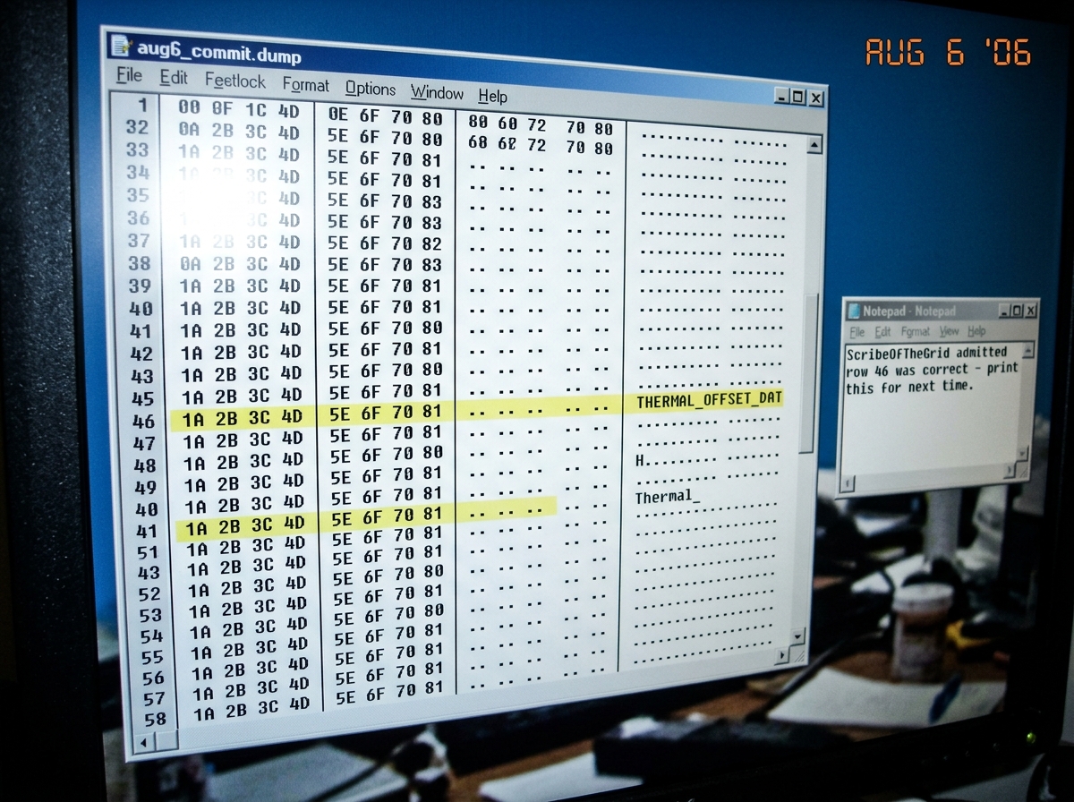 A screenshot of a text file with a hex dump visible. The highlighted line shows the row 46 thermal offset data from the August 6 commit. The window title reads 'aug6_commit.dump'. In the background, a tiny notepad document is partially visible that reads 'ScribeOfTheGrid admitted row 46 was correct