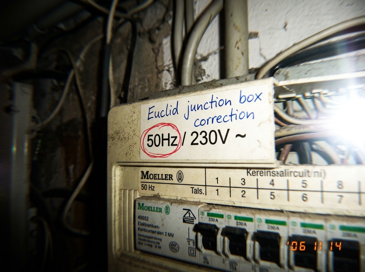 A blurry photo of a German electrical panel label reading '50Hz / 230V ~' with a handwritten annotation in blue ink that says 'Euclid junction box correction' and a small red circle around the frequency specification. The photo is taken at a low angle with flash washout on the right side.