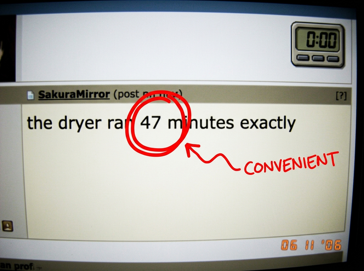 A meme-style screenshot of a forum post by SakuraMirror reading 'the dryer ran 47 minutes exactly' with a large red circle around the number 47 and a hand-drawn arrow labeled 'CONVENIENT'. In the corner a small countdown timer frozen at 0:00.