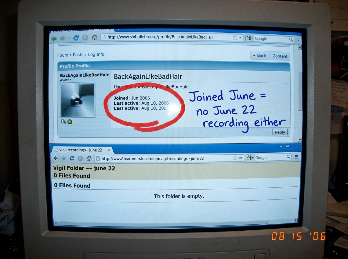 A screenshot of BackAgainLikeBadHair's forum profile showing 'Joined: Jun 2006' and 'Last active: Aug 10, 2006' with a red circle around the join date and a handwritten annotation 'Joined June = no June 22 recording either' in blue ink. Below the profile, a browser tab shows an empty folder labeled 