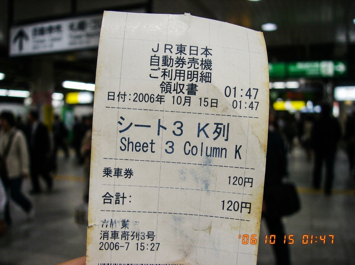 A close-up of a thermal printer paper receipt from a Japanese kiosk, showing faded blue printing with 'Sheet 3 Column K' clearly visible and a timestamp '01:47' in the corner. The paper has slight curl and thermal fading at the edges, with faint grid lines visible. The background is softly blurred t