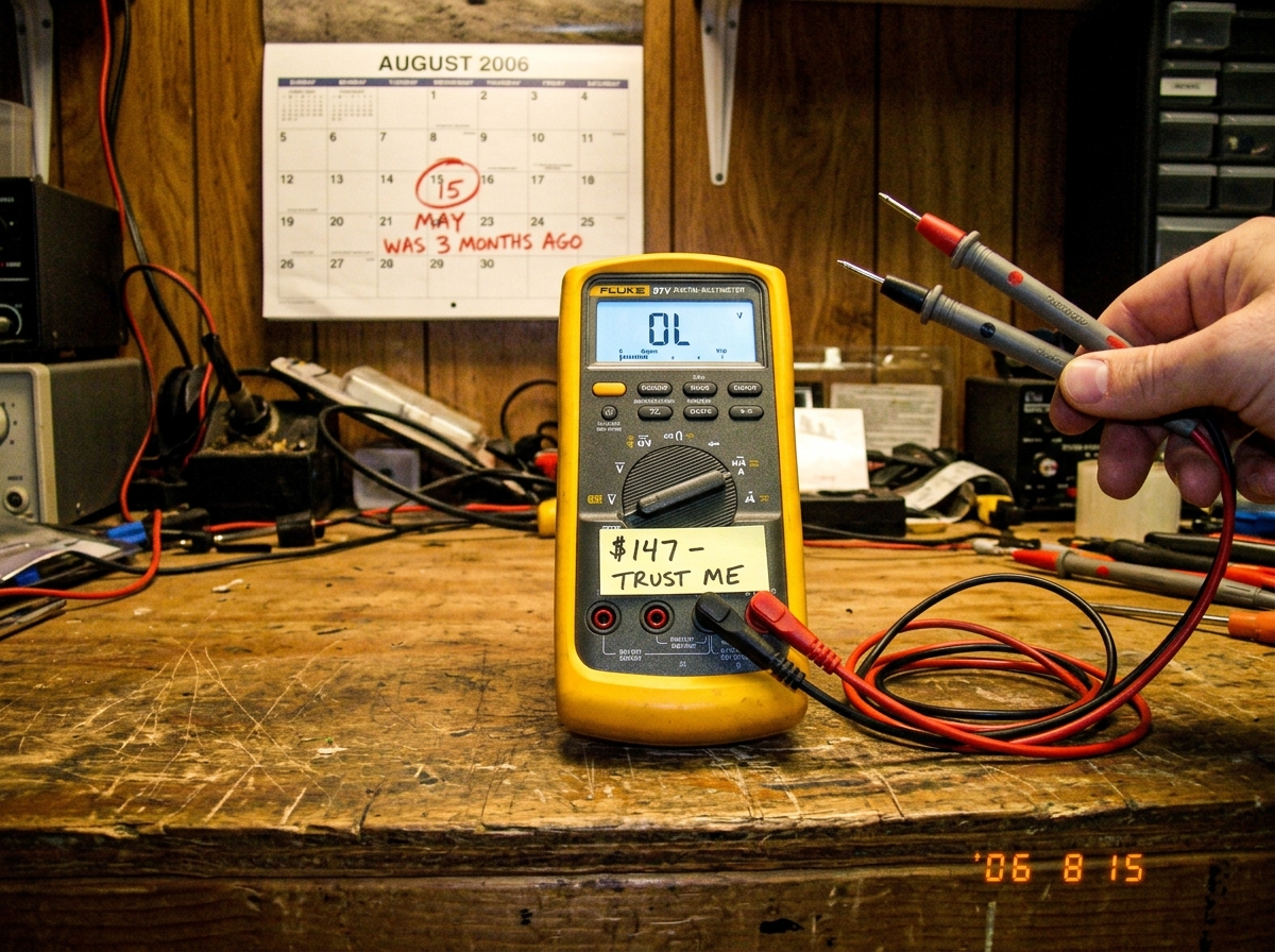 A blurry photo of a Fluke 87V multimeter sitting on a wooden workbench, the display showing 'OL' (open loop). The probe tips are visible but not touching anything - just hovering in the air above the bench. A sticky note on the meter reads '$147 - TRUST ME' in handwriting. In the background, a calen