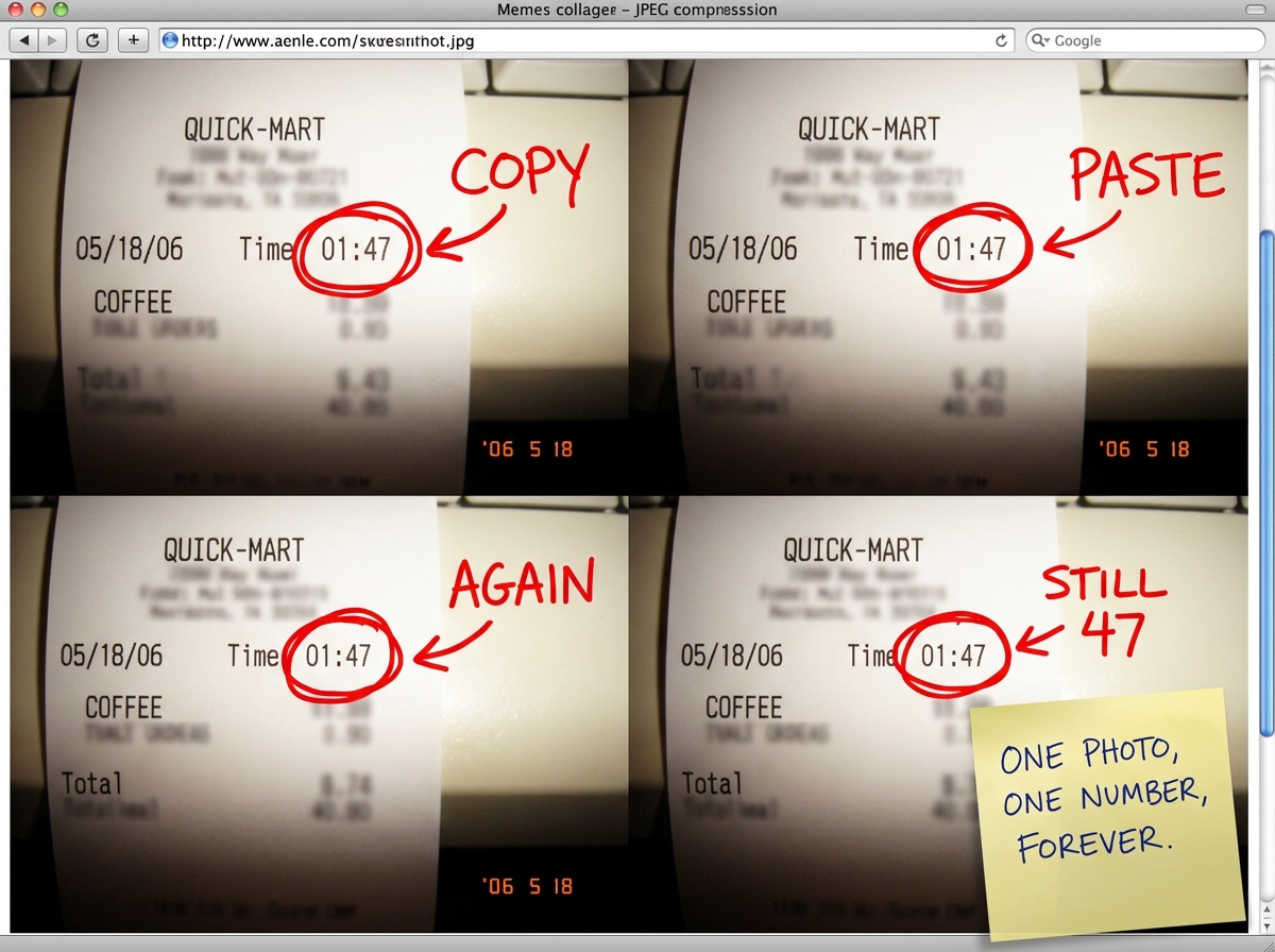 A meme-style screenshot collage showing the same thermal paper receipt photo pasted four times in a grid, each with a different hand-drawn red circle around the '01:47' timestamp and arrows labeled 'COPY', 'PASTE', 'AGAIN' and 'STILL 47'. In the corner a sticky note reads 'ONE PHOTO, ONE NUMBER, FOR