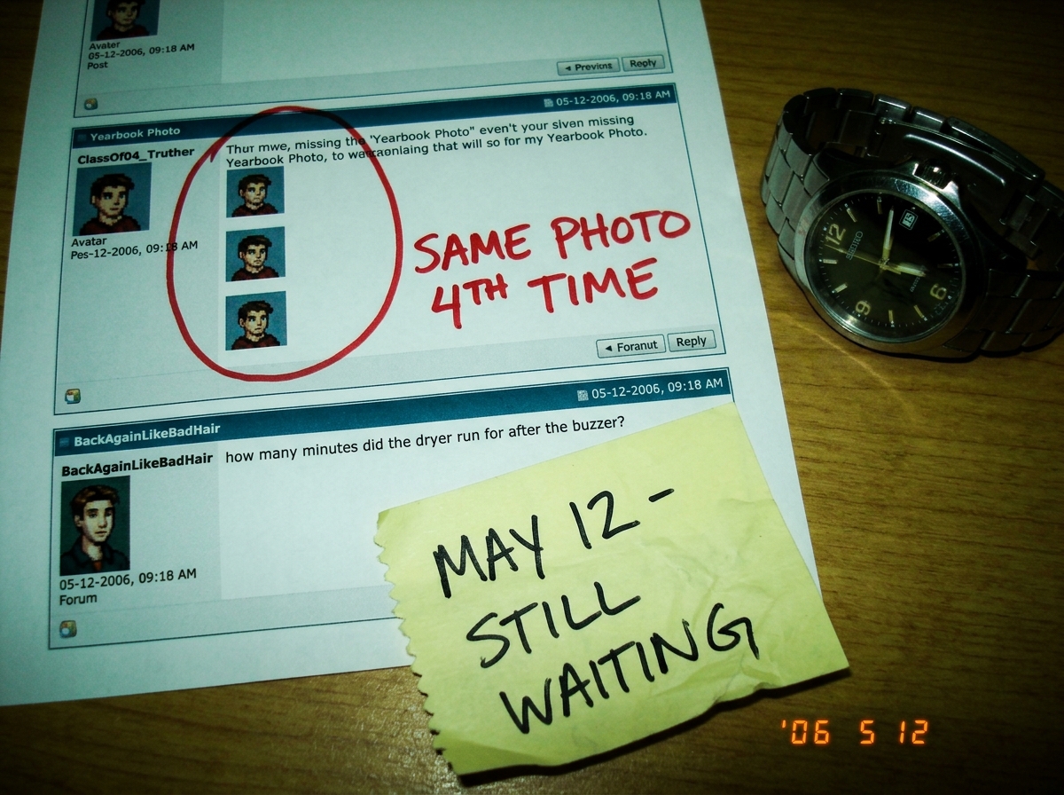 A photo of a forum post by ClassOf04_Truther side by side with a forum post by BackAgainLikeBadHair. The ClassOf04 post is circled in red with the caption 'SAME PHOTO 4TH TIME'. The BackAgain post is a screenshot of her asking 'how many minutes did the dryer run' with a timestamp. Below both, a crum
