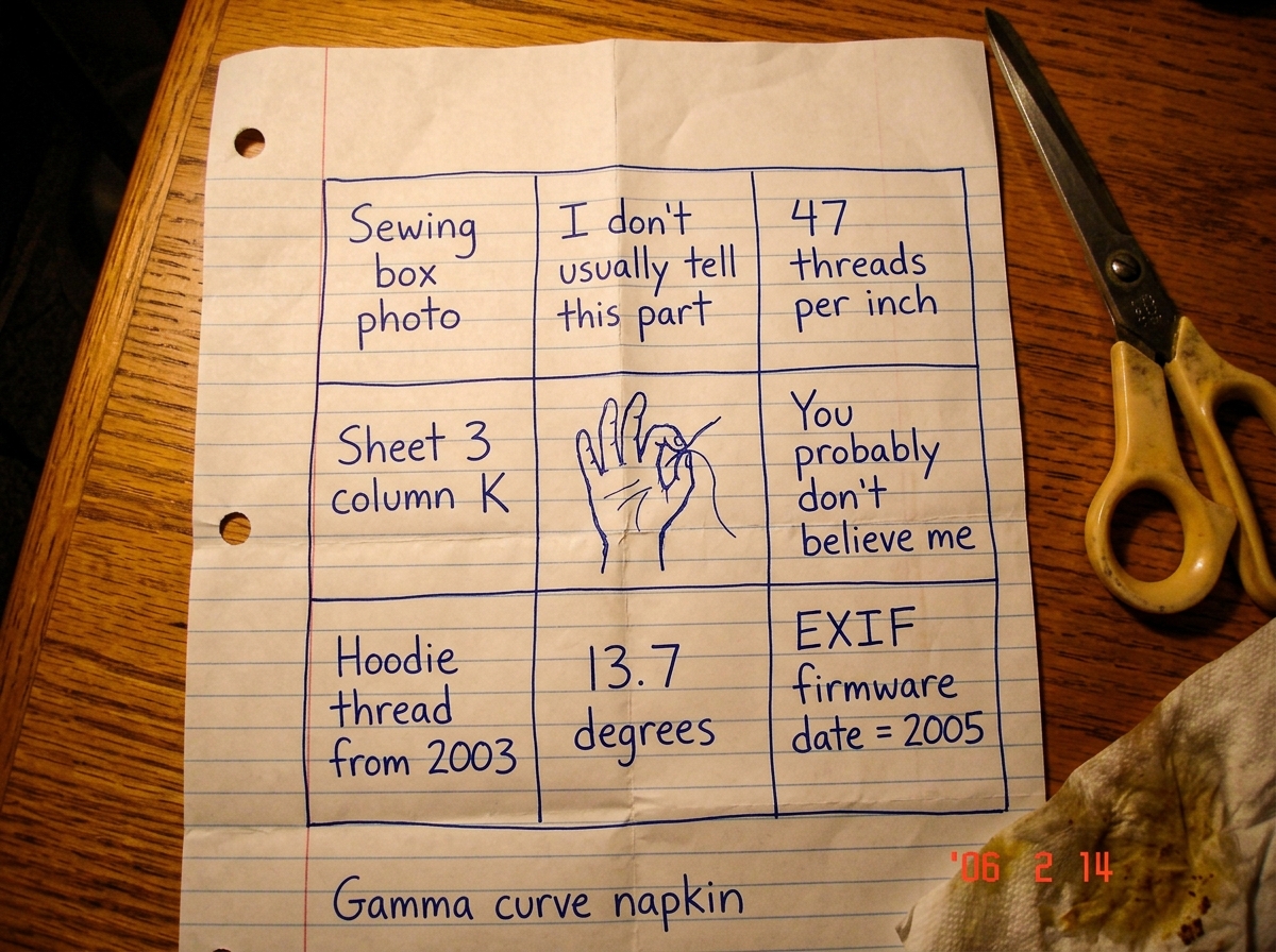 A crumpled paper bingo card drawn in blue ballpoint pen on notebook paper. The squares read: 'Sewing box photo', 'I don't usually tell this part', '47 threads per inch', 'The hum changed pitch', 'Sheet 3 column K', 'You probably don't believe me', 'Hoodie thread from 2003', 'Gamma curve napkin', '13