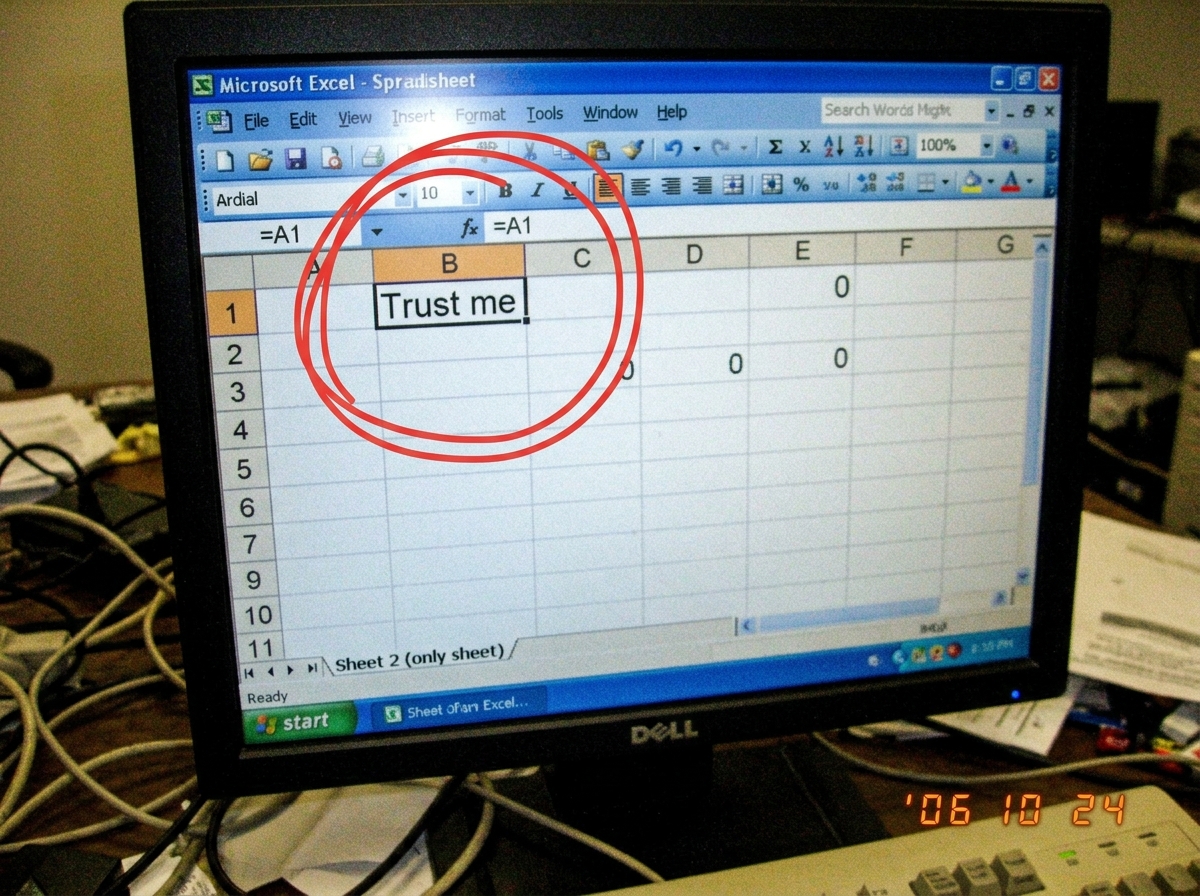 A screenshot of an Excel spreadsheet cell showing the formula '=A1' typed into cell B1 with a red circle around it, and the formula bar visible at the top of the screen. The cell B1 displays the value 'Trust me'. The workbook tab at the bottom reads 'Sheet 2 (only sheet)'