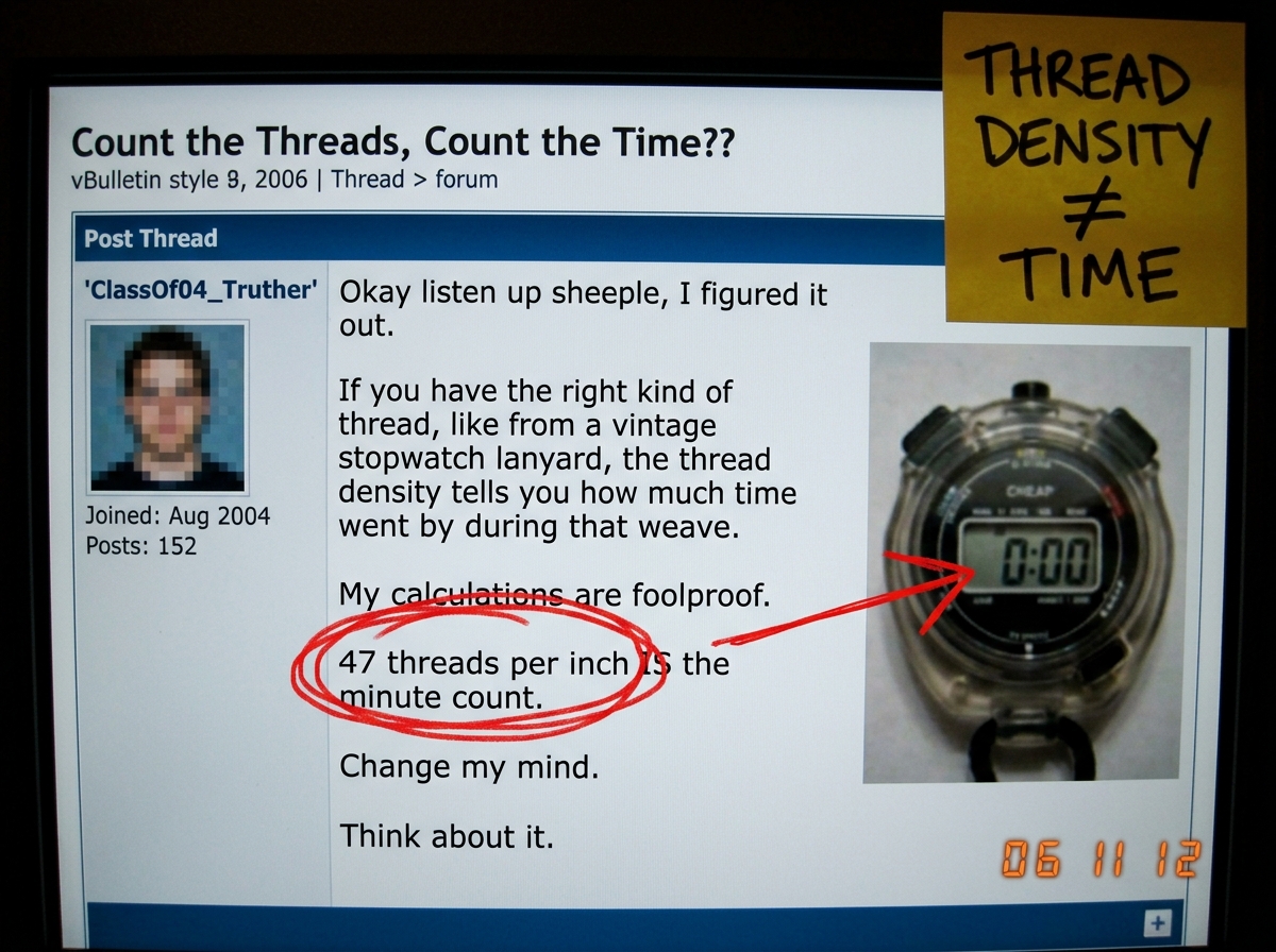 A meme-style screenshot of ClassOf04_Truther's forum post that says '47 threads per inch IS the minute count' with a large red circle around the phrase 'threads per inch' and a hand-drawn arrow pointing to a stopwatch frozen at 0:00. In the corner, a sticky note reads 'THREAD DENSITY ≠ TIME' in shar