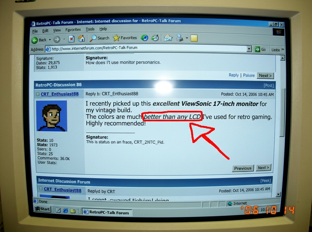 A close-up photo of a forum post on a CRT monitor, highlighting italicized text with a red arrow drawn in MS Paint