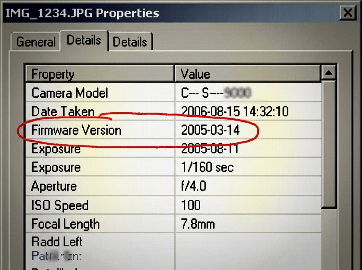 A screenshot of EXIF metadata from a digital camera file. The highlighted field reads 'Firmware Version: 2005-03-14' with a red circle around it. The camera model info is partially visible. The image has a slightly yellowed, compressed JPEG quality suggesting it was extracted from a forum post.