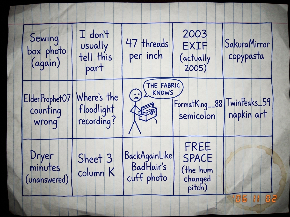 A hand-drawn bingo card on crumpled notebook paper, drawn in blue ballpoint pen. The squares are labeled: 'Sewing box photo (again)', 'I don't usually tell this part', '47 threads per inch', '2003 EXIF (actually 2005)', 'SakuraMirror copypasta', 'ElderProphet07 counting wrong', 'Where's the floodlig