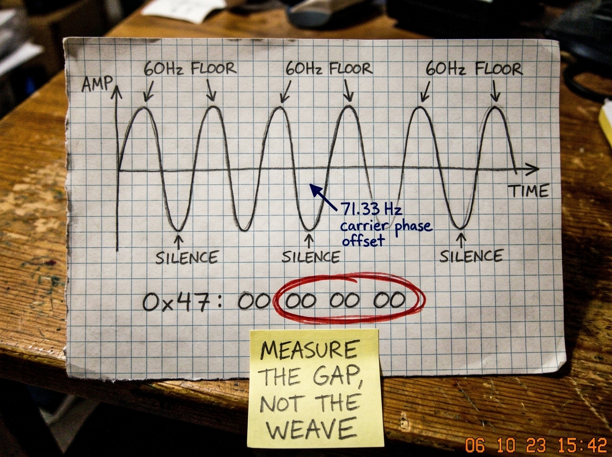 A hand-drawn diagram on graph paper showing a sine wave with the peaks labeled '60Hz floor' and the troughs labeled 'silence'. Between two troughs, a small arrow points to a gap labeled '71.33 Hz carrier phase offset'. Below the waveform, a hex dump excerpt shows '0x47: 00 00 00 00' with a red circl