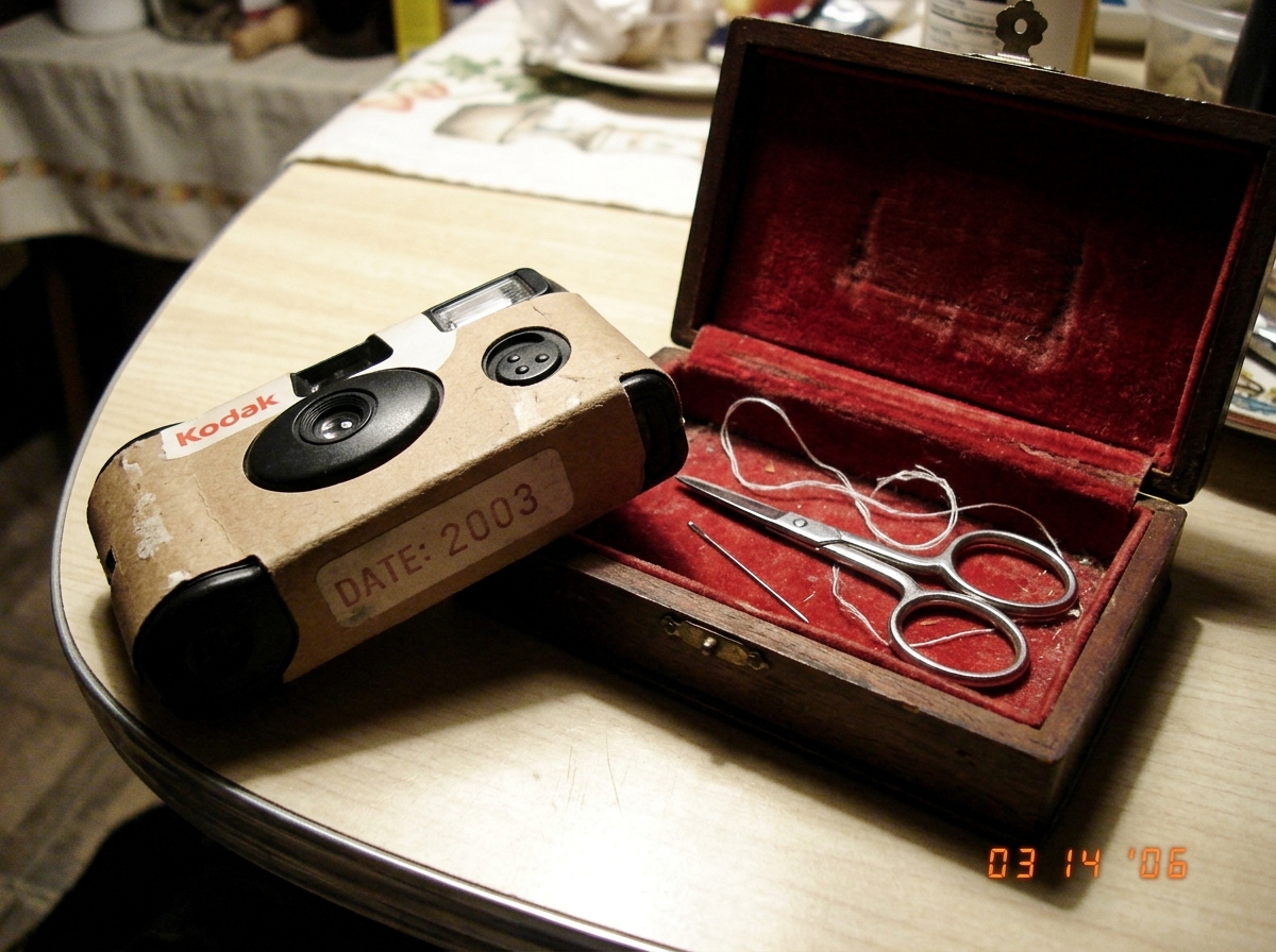 A close-up photo of a dated Kodak disposable camera next to the open jewelry box. The camera's cardboard body shows 'DATE: 2003' stamped in faded ink on the side label. Inside the jewelry box, a frayed white thread rests on faded red velvet, next to a pair of silver sewing scissors and a sewing need