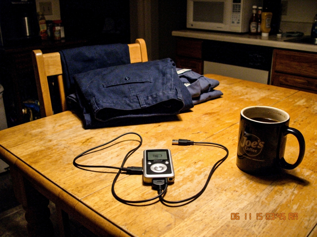 Crude night-shift security guard photo: MP3 player on kitchen table, charging cable arranged in loose 47 shape, morning coffee cup beside it, uniform pants folded nearby. Grainy phone camera quality, timestamp barely visible.