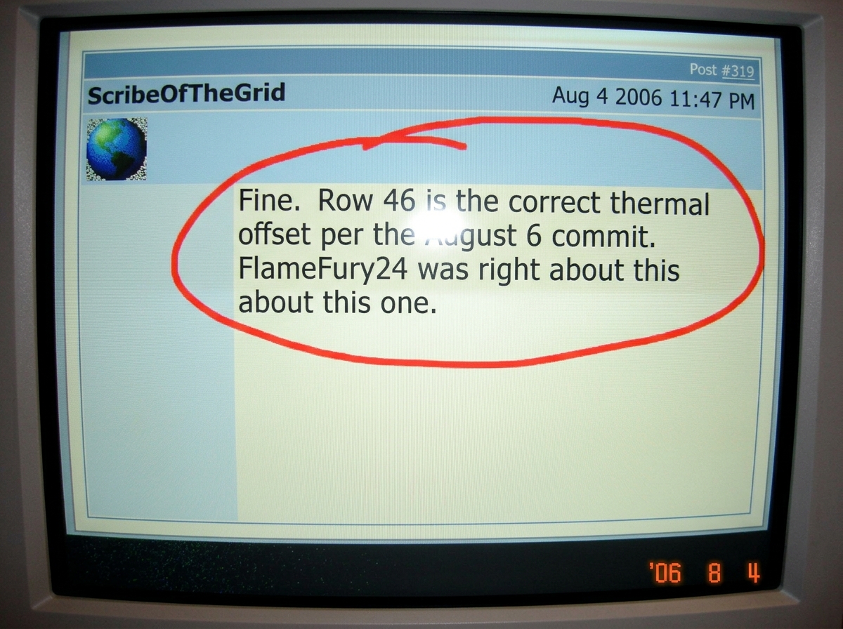 A screenshot of a forum post by ScribeOfTheGrid in topic 319, timestamped Aug 4 2006 11:47 PM, where he writes 'Fine. Row 46 is the correct thermal offset per the August 6 commit. FlameFury24 was right about this one.' The screenshot is cropped to show only that post, with a red circle around the ad