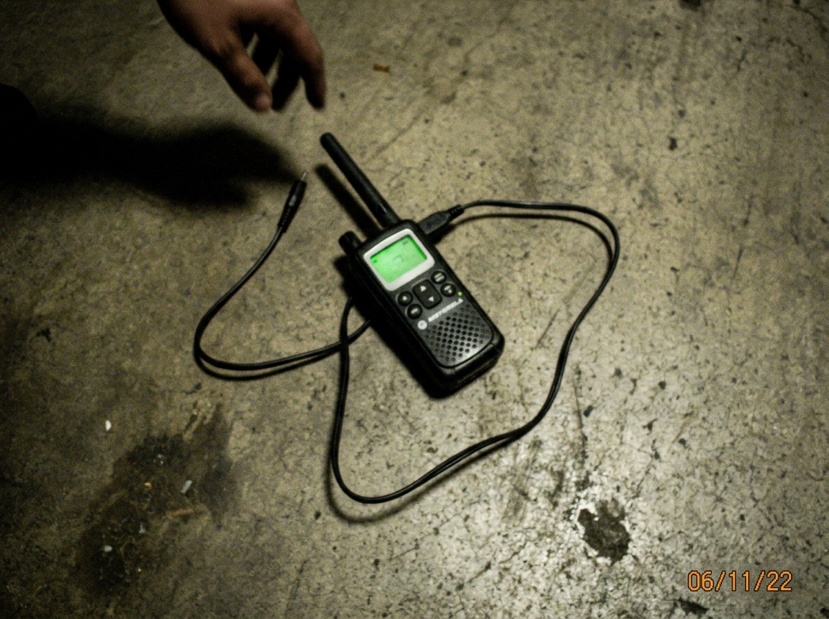 Grainy night shift security guard photo: old green-glow walkie talkie on warehouse floor, charging cable in loose 47 shape, shadow of guard's hand reaching toward it, timestamp barely visible on phone camera