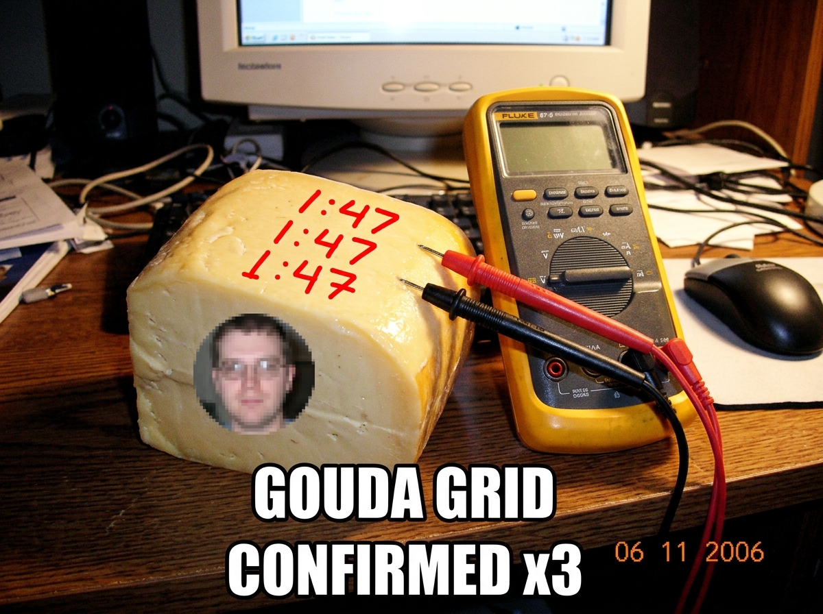 A crudely edited MS Paint image showing a block of gouda cheese with a forum avatar face poorly pasted onto it. The cheese has forum post timestamps drawn on it in red marker - 1:47, 1:47, 1:47 - and text at the bottom reads 'GOUDA GRID CONFIRMED x3' in Impact font. A Fluke multimeter probe rests ag
