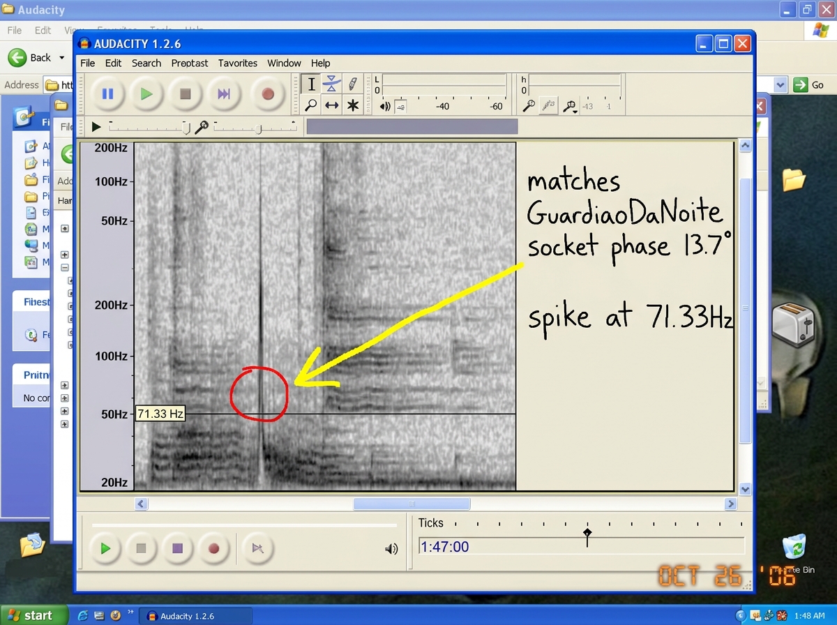 A screenshot of a spectrogram software window showing a frequency spike at 71.33 Hz with a red circle around it. The window title bar reads 'AUDACITY 1.2.6' and the timeline at bottom shows a cursor at 1:47:00. A hand-drawn arrow in MS Paint yellow points from the 71.33 Hz line to a handwritten note