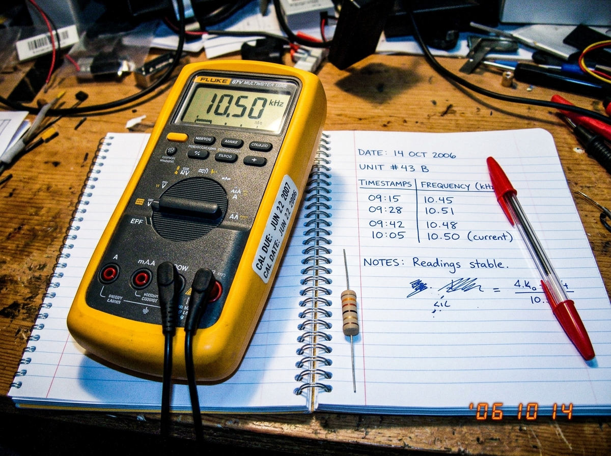 A close-up photo of a yellow Fluke 87V multimeter on an open notebook. The calibration sticker on the side reads 'CAL DUE: JUN 22 2007'. Next to the meter sits a small cylindrical resistor on a notebook page with handwritten timestamps and frequency notes. A red pen lies across the page.