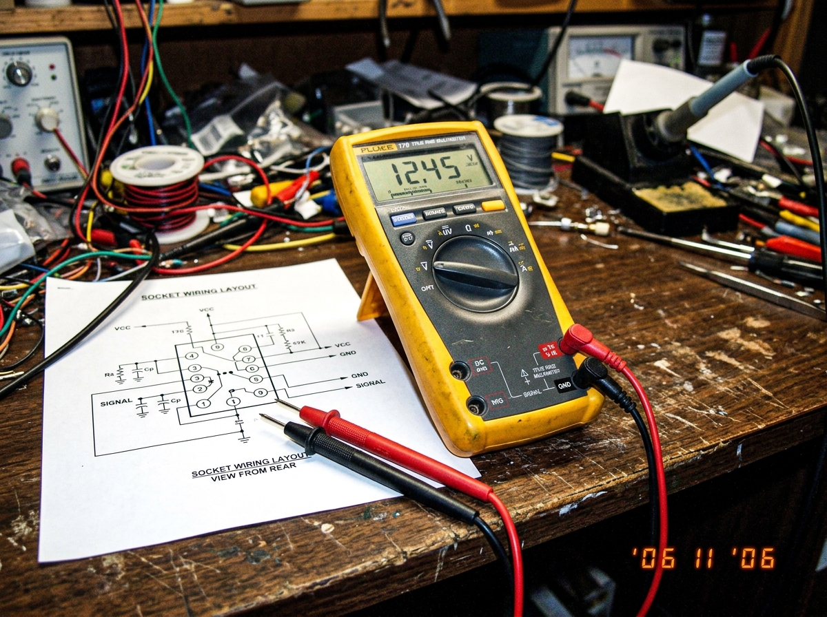 A close-up photo of a yellow Fluke multimeter with probes resting on a workbench next to a schematic diagram showing a socket wiring layout. The background is slightly out of focus, showing tools and wires.