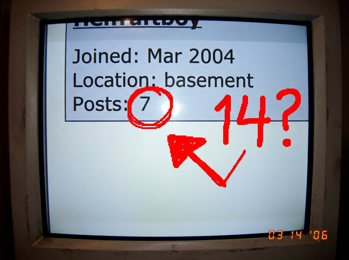 A crudely edited screenshot in MS Paint showing a forum profile page with the post count circled in red. The post count reads '7' but someone has drawn a red '14' next to it with a question mark and an angry arrow. The username is partially cropped out. The image is pixelated and clearly rushed.