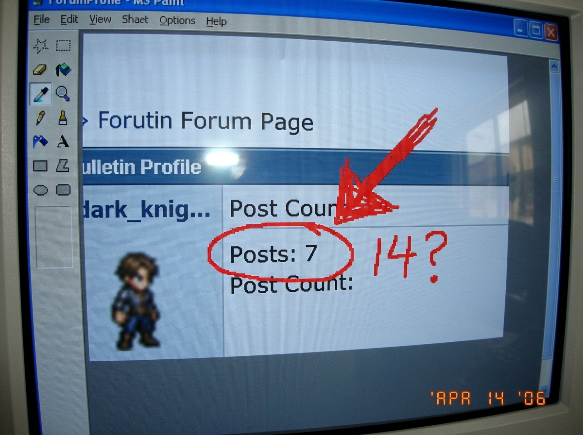 A crudely edited screenshot in MS Paint showing a forum profile page with the post count circled in red. The post count reads '7' but someone has drawn a red '14' next to it with a question mark and an angry arrow. The username is partially cropped out. The image is pixelated and clearly rushed.