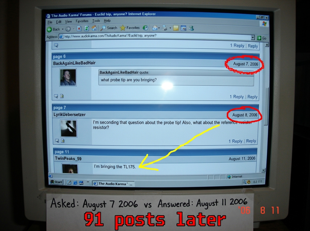 A screenshot of the Euclid trip thread showing a quote of BackAgainLikeBadHair's post from page 6 asking 'what probe tip are you bringing' and LyrikUebersetzer's post from page 7 seconding it with the reference resistor question, with red MS Paint circles around the dates and a yellow arrow connecti