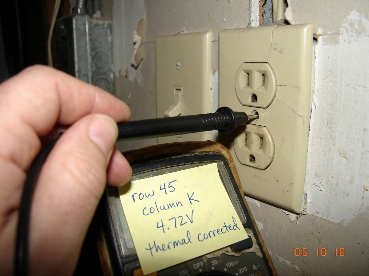 A close-up photograph of a multimeter probe tip pressed against the face of a wall outlet, with a handwritten sticky note on the meter reading 'row 45 column K 4.72V thermal corrected' in blue ballpoint pen. The background shows a garage wall with a cracked light switch plate.