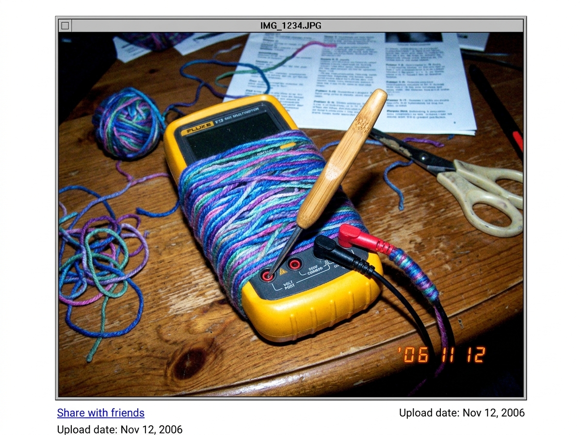 A close-up photo of a multimeter wrapped in colorful yarn with a crochet hook stuck in the probe hole