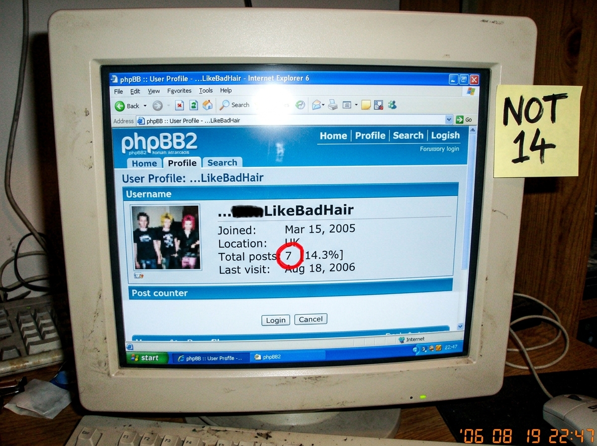 A screenshot of a forum post counter showing post number 7 circled in red, with a yellow sticky note on the monitor bezel that says 'NOT 14' in angry black marker. The screen shows a phpBB profile page with the username partially cropped out but clearly ending in 'LikeBadHair'.