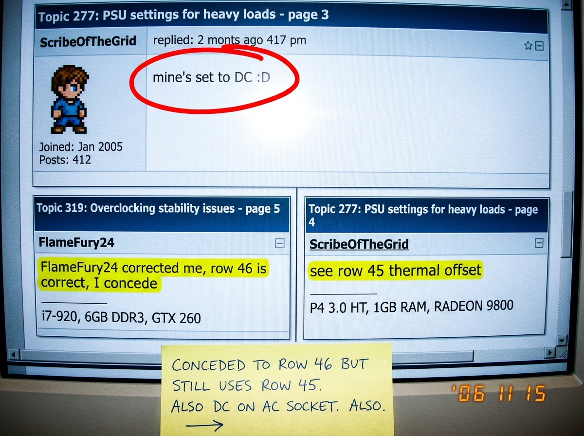A forum screenshot collage. Top: ScribeOfTheGrid's reply in topic 277 reading 'mine's set to DC :D' with a red circle. Bottom left: his post in topic 319 saying 'FlameFury24 corrected me, row 46 is correct, I concede' highlighted yellow. Bottom right: his post in topic 277 still citing 'see row 45 t