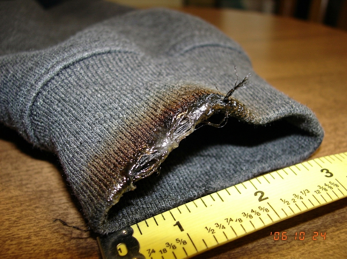 A close-up photo of a hoodie cuff with visible heat damage - melted polyester threads creating a gradient pattern against the fabric weave, with a yellow measuring tape visible at the edge showing thread count markings. The damage zone shows a distinct color shift from intact fabric to melted edge.