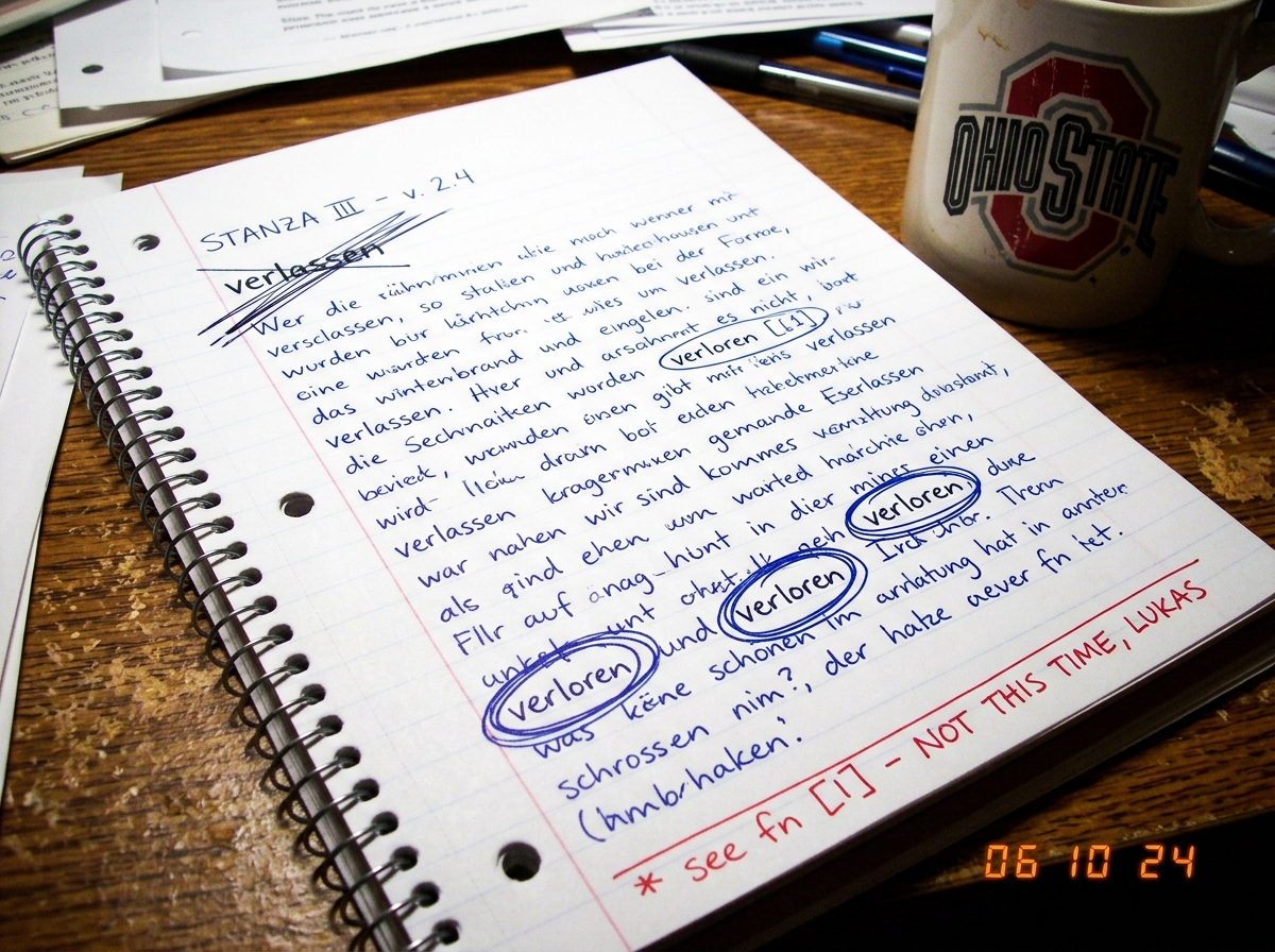 A spiral-bound notebook open to a page of dense handwriting in blue ink. The German word 'verloren' is circled several times. The top of the page says 'STANZA III - v. 2.4' with the previous word 'verlassen' crossed out in three aggressive diagonal lines. A red pen footnote at the bottom says 'see f