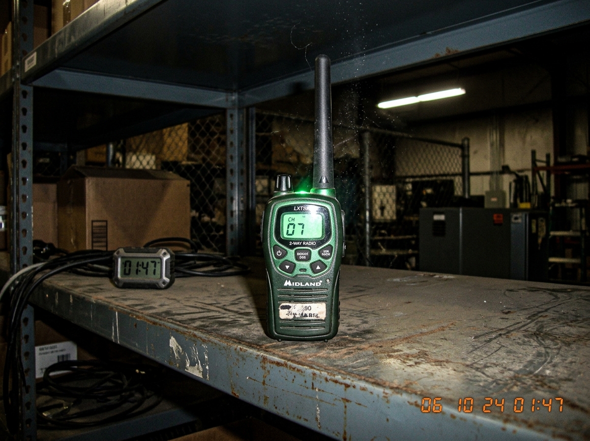 A grainy nighttime photo of a green-glow walkie talkie on a metal warehouse shelf at 1:47 AM, with faint static visible in the air around the antenna. A small digital clock in the corner shows 01:47. The green glow is faint but visible around the device edges.