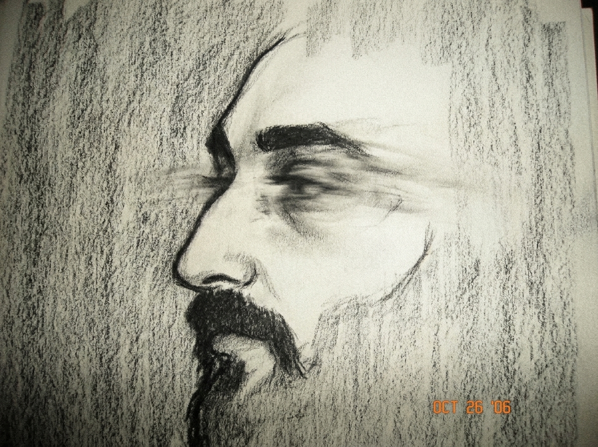 A charcoal sketch on rough textured paper, showing a silhouette-like profile of Gabriel Chantayan's face emerging from a faint, vibrating black-and-white texture - the graphite lines vibrate slightly off the page, with charcoal smudges showing sudden motion blur around the eyes