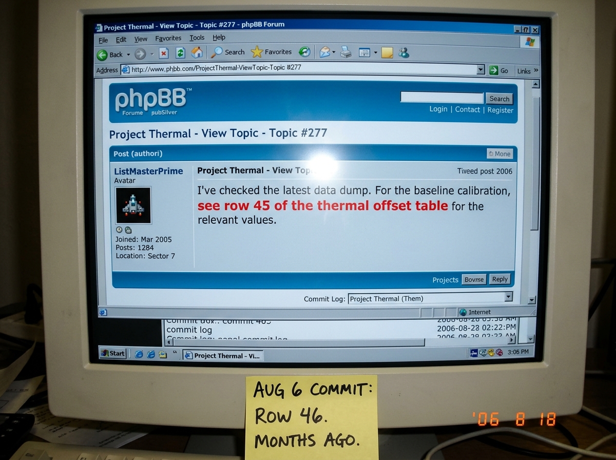 A screenshot of a phpBB post from ListMasterPrime in topic 277 where he writes 'see row 45 of the thermal offset table' highlighted in red. Below it, a sticky note with the text 'AUG 6 COMMIT: ROW 46. MONTHS AGO.' in black marker. The commit log is partially visible at the bottom edge.