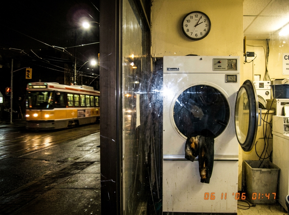 A blurry photo taken through a laundromat window at night. Inside, a consumer dryer is stopped mid-cycle with the door hanging open. A burned hoodie cuff hangs out, visible against the drum. On the glass of the window, a reflection shows the Euclid streetcar line passing by outside, tram wires visib