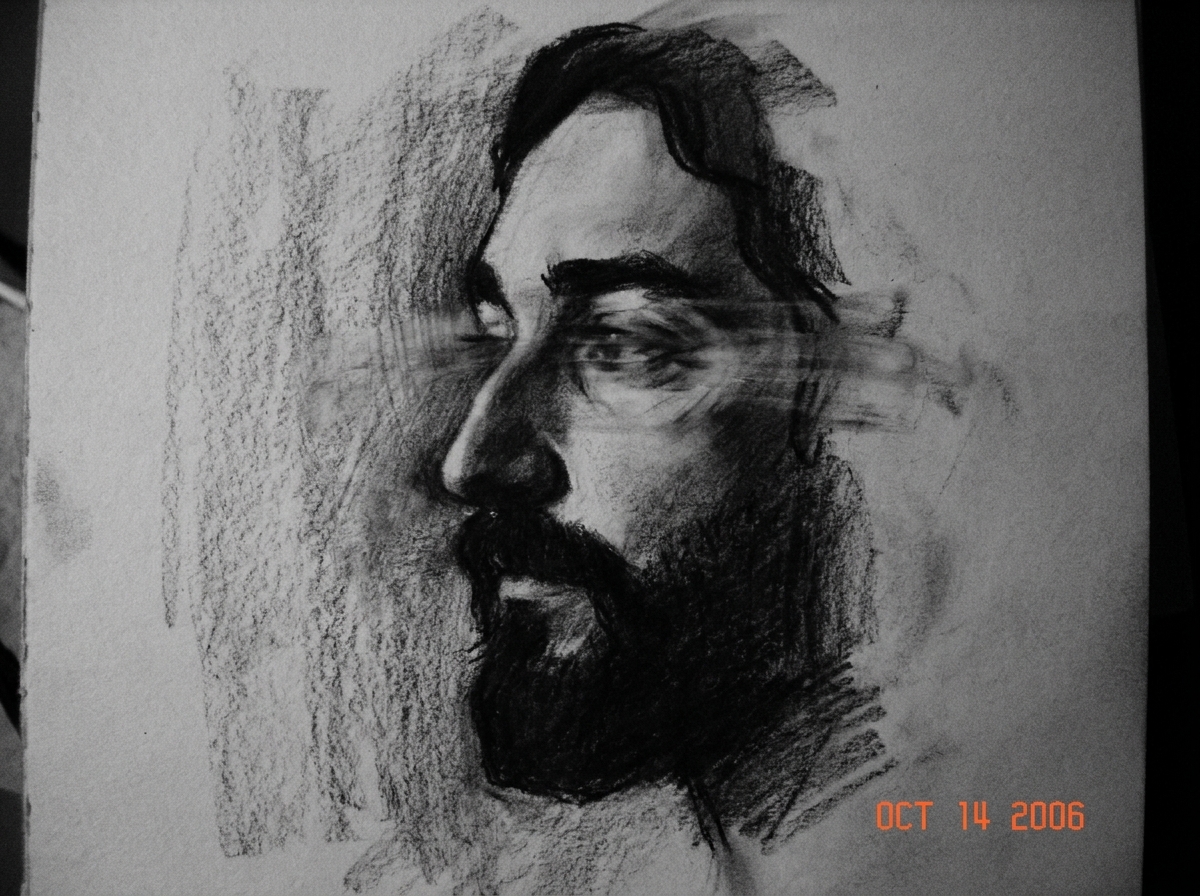 A charcoal sketch on rough textured paper, showing a silhouette-like profile of Gabriel Chantayan's face emerging from a faint, vibrating black-and-white texture - the graphite lines vibrate slightly off the page, with charcoal smudges showing sudden motion blur around the eyes