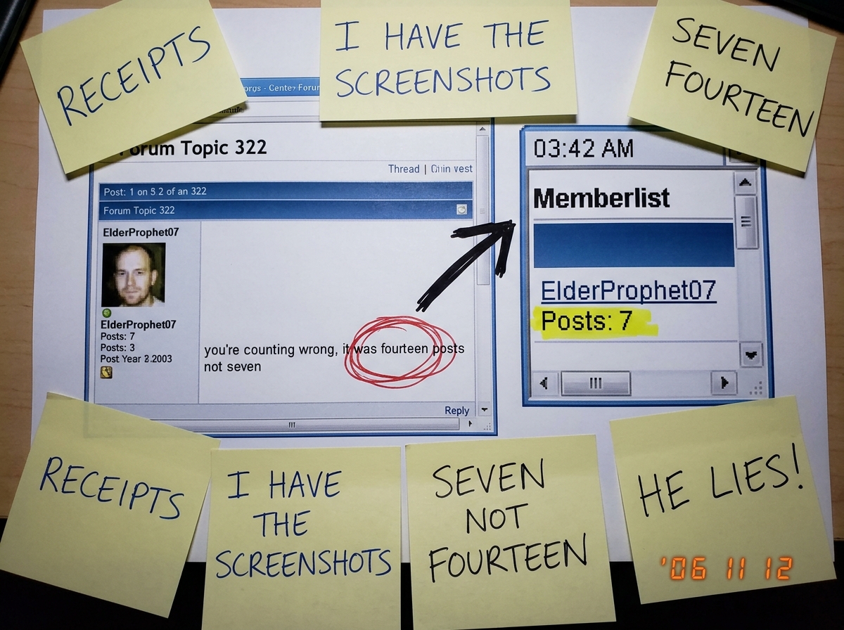 A screenshot of a forum post by ElderProphet07 in topic 322, cropped to show the text 'you're counting wrong, it was fourteen posts not seven' with a red circle around the word 'fourteen' and a hand-drawn arrow pointing to a timestamp visible in a separate screenshot window showing the memberlist pa