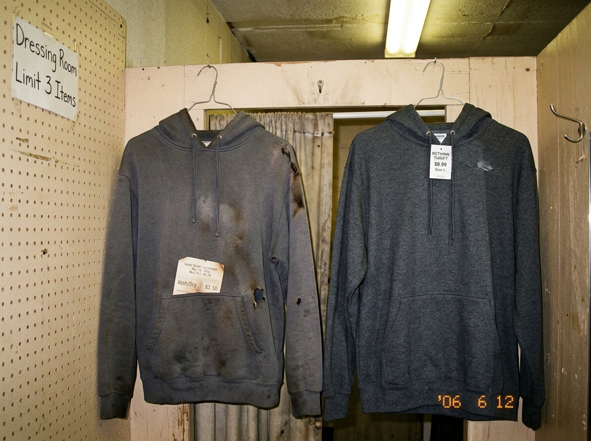 A slightly burned grey hoodie hanging from a wire hanger in a thrift store changing room, next to a new identical grey hoodie still with tags. A dryer receipt is tucked into the pocket of the burned one. The lighting is fluorescent and unflattering.