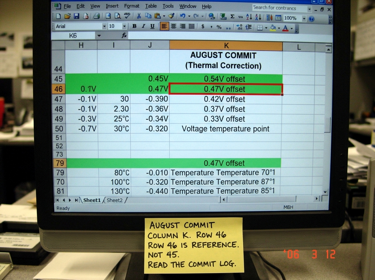 A screenshot of a spreadsheet excerpt showing column K with highlighted rows 45, 46, and 79. The August commit version shows a thermal correction table. A red border highlights row 46 with a cell value of 0.47V offset. A yellow sticky note at the bottom reads: 'AUGUST COMMIT COLUMN K. ROW 46 IS REFE