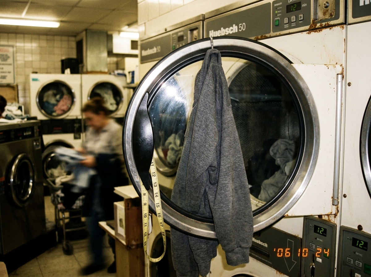 A blurry photo of a grey hoodie hanging in a laundromat dryer, with a measuring tape draped over the handle