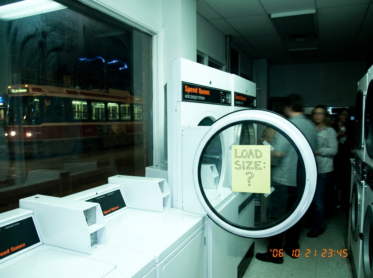 A photograph taken inside a laundromat at night. A white commercial Speed Queen dryer, model ADE3SRGS173TW01, with its door hanging open. On the drum surface, a handwritten sticky note placed carefully reads: 'LOAD SIZE: ?' in careful block capitals. The fluorescent lighting casts a cold greenish ti